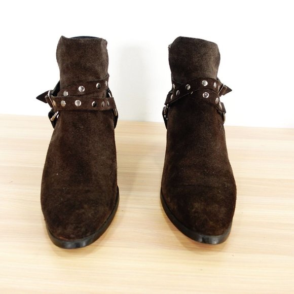 Western Brown Boots Women 7 Ankle Booties Heeled Studded Harness Pull On‎ Rodeo - Picture 3 of 13